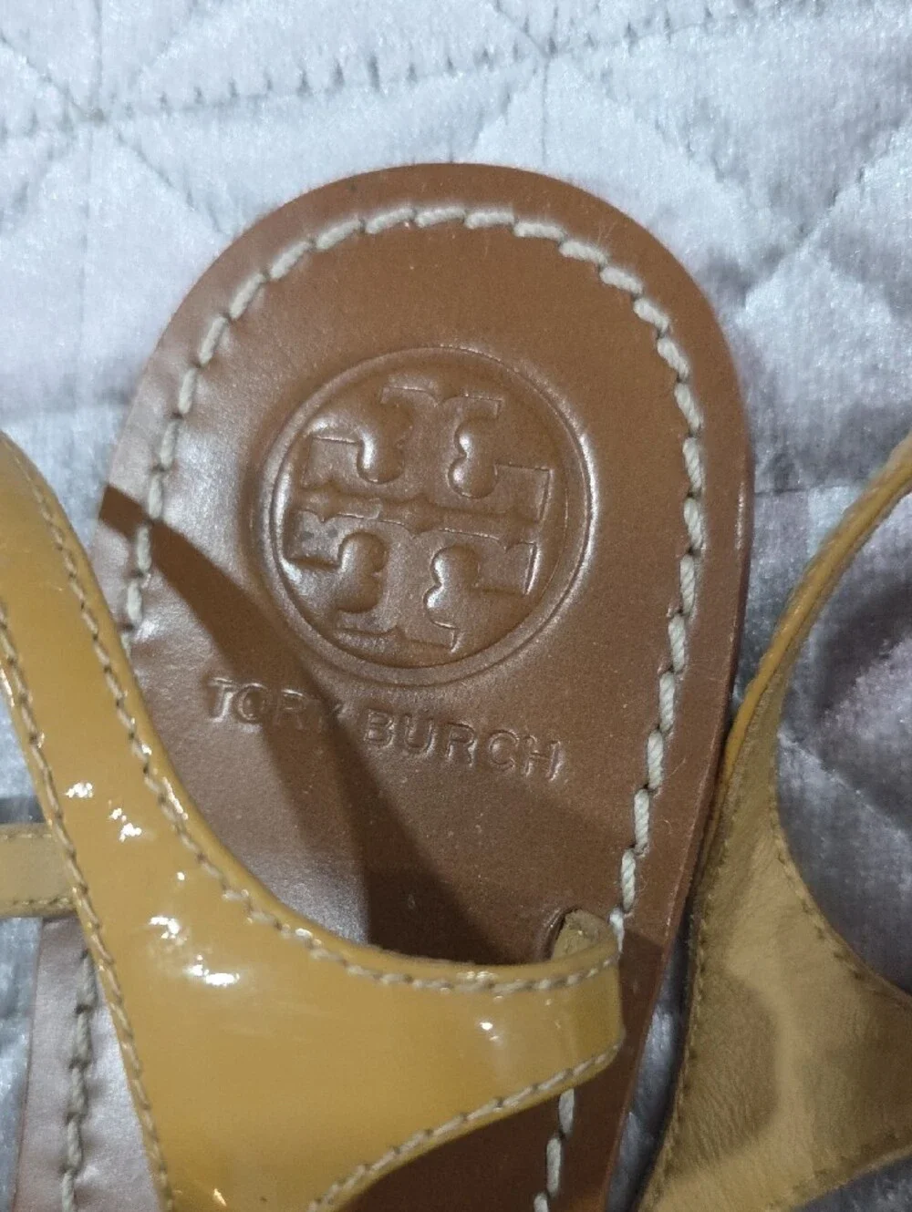 Tory Burch Yellow Leather T-Strap Sandals with Silver Logo Accent